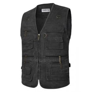 Yukirtiq Homme Gilet de Pêche Veste de Photographie Casual Manteau sans Manche d'extérieur Camping Décontracté Multi Poches Pêche Gilets Coton, Noir, XL (Yukirtiq, neuf)