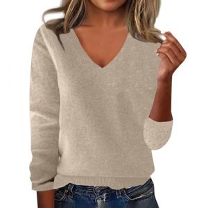 Tee Shirt Manche Longue Femme Grande Taille Oversize Pull Femme Chic Et Elegant Col V Coton Cachemire Sweatshirts Top Sport Polaire Pas Cher Tunique Classics Basique Sweat(Beige,S) (uxxnjfg, neuf)