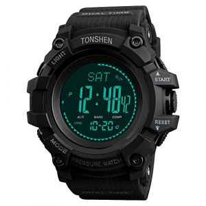 TONSHEN Multifonctionnelnel Outdoor Sport Montre de Homme Plastique Caisse et Caoutchouc Ruban LED &Eacute;lectronique Digitale Boussole Altim&egrave;tre Thermom&egrave;tre P&eacute;dom&egrave;tre Montres Bracelet (Noir) (Tonshen-EU, neuf)