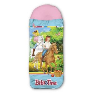 Bibi und Tina Sac de couchage pour enfant – Amis bleu/rose – 140 cm + 30 cm (capuche) x 70 cm – Pour extérieur/intérieur, sac de couchage momie pour fille, chevaux Sabrina & Amadeus, sac de couchage (BERONAGE, neuf)