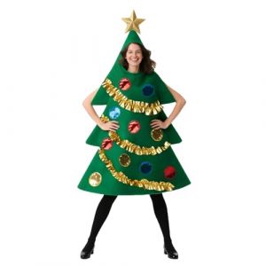 Carolilly Costume Déguisement d'Arbre de Noël Costume Noël Adulte Amusant avec Décorations Étoile Dorée et Boules, Taille Unique (Vert Doré, One Size) (La Vie Brillante, neuf)