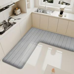 Wlian Tapis de cuisine en forme de L antid&eacute;rapant et absorbant, pour cuisine et maison, tapis d'angle doux en forme de L pour salle de bain, WC et douche, lavable en machine, gris clair, 150 x 150 x (WlianJp, neuf)