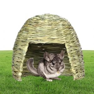 Nid d' de lapin - Lit pliable pour cochon d'Inde - En paille de foin - Abri de jeu tissé à la main - Pour petits animaux - Décoration naturelle de l'habitat - Lit pour hamsters, chinchillas, cage (QiuYanBinShangMao, neuf)