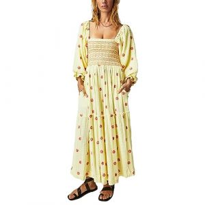 Femme Broderie Florale Maxi Robe Longue Manches Puffantes Encolure Carrée Robe Bohémienne Graduée Robe Flowy 3D Fleurs Maxi Robe d'été Boho Loisirs Robe Loose Dos Libre Robe de Plage (yishengy, neuf)