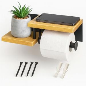 Orchelle&reg; Porte Papier Toilette Mural en Bois de Bambou | Noir | D&eacute;rouleur Papier Toilette avec &Eacute;tag&egrave;re | Fixation par Per&ccedil;age tr&egrave;s Stable | Support WC Salle de Bain (Orchelle, neuf)