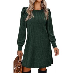 Zeagoo Robe Hiver Femme Robe en Maille C&ocirc;tel&eacute;e Col Rond Manches Bouffantes Non Transparente Coupe Ligne A Courte Confortable pour Quotidien Et Bureau Vert S (Zeagoo direct, neuf)