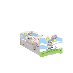 Happy Babies - LIT D'ENFANT DOUBLE FACE AVEC TIROIR Design moderne avec bords s&eacute;curis&eacute;s et matelas en mousse antichute 7 cm (Fleur et Papillon, 140x70) (EuroTrip, neuf)