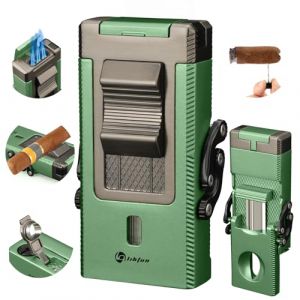 LIHTUN Allume-Cigare, Briquet Torche int&eacute;gr&eacute;, Porte-Cigare int&eacute;gr&eacute;, rehausseur de tirage de cigares, perforatrice &agrave; cigares, Briquet Butane avec Coupe-Cigare Pliable en Forme de V (Verte) (LIHTUN, neuf)