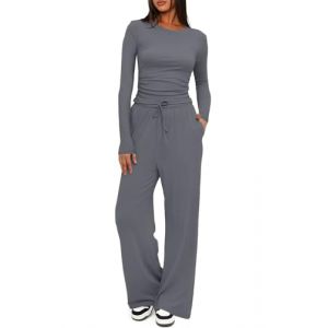 CheChury Ensemble Pantalon Femme Chic et Elegant 2 Pi&egrave;ces Tenue Surv&ecirc;tement Slim Fit Manche Longue Haut et Pantalon Fluide avec Poches D&eacute;contract&eacute;,Gris fonc&eacute;,XS (LYworld, neuf)
