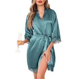 Lovasy Peignoir Satin Femme Mariage en Dentelle Robe de Chambre Soie Court Kimono Bride Sexy L&eacute;ger Col V avec Ceinture Robe de Demoiselle d'Honneur,B-Gris vert,M (Lovasy Direct, neuf)