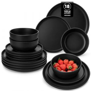 vancasso S&eacute;rie PLAYA Service de Table 6 Personnes, Set Vaisselle Noir en Gr&egrave;s 18 Pi&egrave;ces - 6 Assiettes Plates, 6 Assiettes &agrave; Dessert et 6 Bols - Adapt&eacute; au Lave-Vaisselle et au Micro-Ondes (vancasso Ceramic Art, neuf)