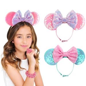 DRESHOW Minnie Oreilles Bandeaux Souris Oreilles Paillettes Arc Bandeaux Ajustable élastique Bandeau Paillettes Fête Décoration Costume Cosplay pour Femmes (Dreshow, neuf)