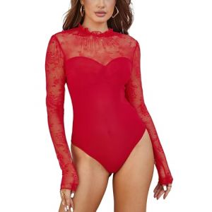 SEBOWEL Body en dentelle pour femme - Sexy - Manches longues - En maille - Col en V - Élégant - Transparent, rouge, XXL (SEBOWEl, neuf)