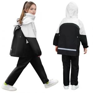 FILOWA Imperméable à Capuche Fille Adolescent Respirant Vêtements de Pluie & Pantalon de Pluie Ensemble avec Bandes Réfléchissante Léger Veste imperméables Manteaux Combinaison Pluie 13-14 Ans, Noir (FILOWA, neuf)