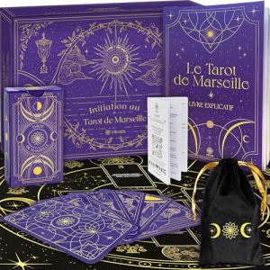 Coffret d'Initiation au Tarot de Marseille : Tarot Divinatoire + Livre de 205 Pages + Nappe Divinatoire Noire & Pochon - Id&eacute;al pour D&eacute;butants (Eslab, neuf)