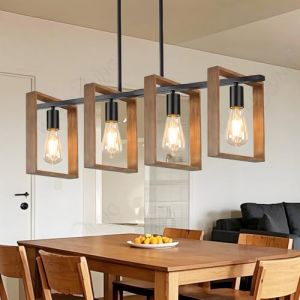 Éclairage D'Îlot De Cuisine Moderne, 4 Lumières L80cm, De Hauteur Réglable Pour Salle À Manger, Lustre En Bois Rustique Pour Cuisine, Lampes De Table De Billard, Corps Noir E27 (Ampoules Non Incluses) (G0000D, neuf)