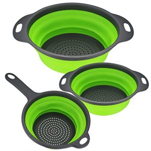 3 Pièces Passoire Pliable Silicone, Passoire Filtres de Cuisine, Colander Panier de Lavage de Silicone Pliable avec Poignées pour Dérener Pâtes, Légumes, Fruits - Vert (Xiaomoyu, neuf)