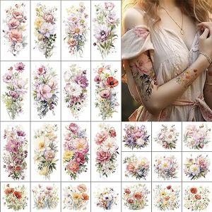 Everjoy Feuilles de manches de tatouage temporaire de fleurs, 12 grands autocollants de tatouage floral aquarelle, 13 petits modèles de tatouage de fausses fleurs pour femmes et filles (Esland, neuf)