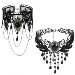 2Pcs Choker Dentelle Noire Femme Collier Ras du Cou Pendentif Gothique Rubis Retro Lolita Victorien Bijoux Sexy Collier pour carnavl Halloween Mascarade (GuangZhouZiYueXianShangMaoYouXianGongSi, neuf)