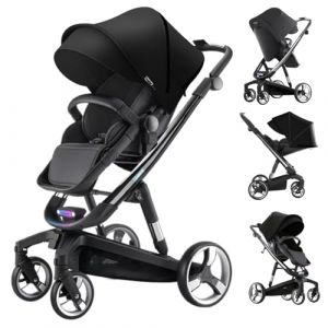 Reenborn Électrique Intelligent Bébé Poussette 0 a 3 Ans, Landau de Voyage avec Deux Modes de Poussée Réversibles, Cadre en Aluminium de Chariot de Buggy Nouveau-Né, Pliage en Un Clic (WL8 Black) (Ziliang, neuf)