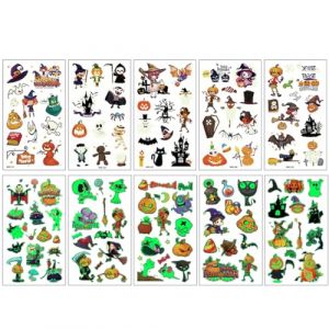 Halloween Tatouage Enfant, 10 Feuilles Fluorescent Tatouages ephémères Enfant Fille Garcon, Lumineux Tatouage Ephemere Stickers pour Halloween Decoration, Tatouage de Fête d'Halloween Cadeau (Piasbta Sbasub, neuf)