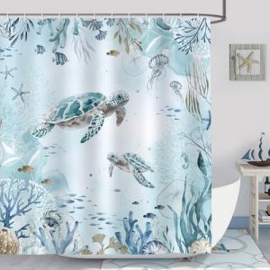Bonhause Rideau de Douche Tortue de Mer Oc&eacute;an Bleu Algue Rideau de Bain Tissu Polyester Anti Moisissure Imperm&eacute;able Lavable Rideaux Salle de Bain 180 x 180 cm avec 12 Crochets pour Baignoire (Bonhause EU, neuf)