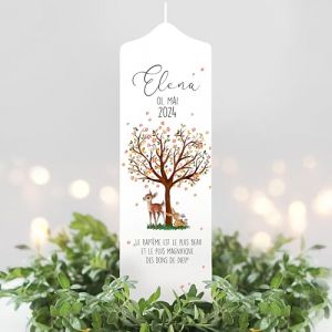 Cierge de baptême pour garçon et fille - arbre de vie en filigrane avec fleurs, chevreuil et lapin - cierge de baptême avec Prénom, date et citation de baptéme personnalisé - 1 bougie 25 x 7 cm (Wandtattoo Loft, neuf)