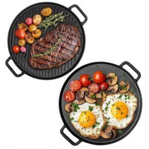 Navaris Grille Barbecue Ronde - Plaque Fonte R&eacute;versible 30 cm avec Face Plate et Face Stri&eacute;e pour Cuisson Barbecue Induction et Four - Grill Viande en Fonte Poele Double Face (SX-Commerce, neuf)