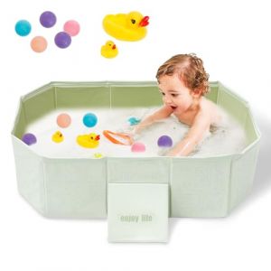 Baignoire Enfant Pliable, Baignoire Pliable BéBé avec Jouets 5 Balles et 2 Canards Bouchon de Vidange, Baignoire Bebe Pliable 30.7x17.7x9.8 Pouces pour Enfants 0 à 8 ans (Vert graffiti) (xiangbaoshang, neuf)