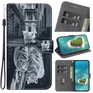 FERLAN Coque Compatible avec iPhone 5/5S/iPhone SE Housse en Cuir PU Premium, avec Motif Porte Carte Portefeuille à Rabat Magnétique Support Flip Case Cover Antichoc Coque-Tigre de Chat (BiBoDan, neuf)