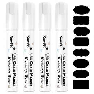 Feutre Craie Blanc, NowPE Marqueurs Craie 10mm, Effacable avec Chiffon Humide ou Sec, Pointe épaisse pour Tableau Noir, Mur, Fenêtre et Verre, Pack de 4 Pièce Stylos Liquide + 16 Etiquettes de Tableau (Xinlucheng-EU, neuf)