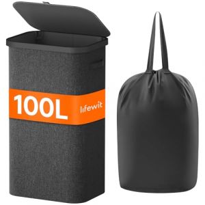 Lifewit Panier a Linge Sale 100L, Bac a Linge avec Couvercle, Corbeille a Linge avec Plastique Poignées et Sac a Linge, Grand Panier Linge Pliable pour Buanderie, Chambre, Salle de Bain, Gris fonçé (Lifewit Home FR, neuf)