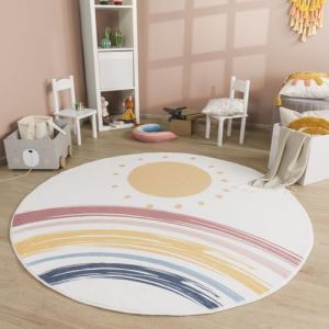 TT Home Tapis De Jeu Chambre Enfant Garcon Fille Lavable Arc-en-Ciel Soleil Modern, Couleur:Bleu Jaune Rose, Dimension:120 cm Rond (marche-de-tapis, neuf)