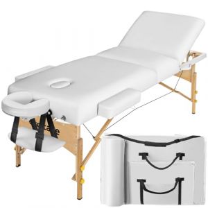 TecTake® Table de Massage Pliante Professionnelle 3 Zones Rembourrage de 13 cm Massage et Relaxation Bois Table Esthetique Professionnel Lit de Massage Portable Housse de Transport - Blanc (Made4Home SAS, neuf)