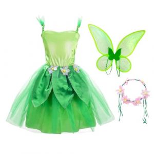 Lito Angels Deguisement Costume F&eacute;e Clochette Robe de F&eacute;e Verte avec Couronne Fleurs et Ailes pour Enfant Fille Taille 5-7 Ans, L (Lito Angels FR, neuf)