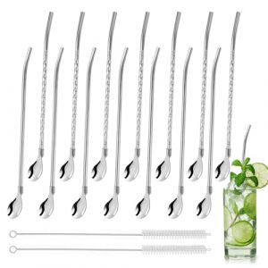 14 Pièces Pailles à Boire Cuillère en Métal,2 en 1 Pailles de Cuillère Réutilisables,Pailles de Cuillère en Métal,Pailles de Cuillère en Acier Inoxydable,Pailles Cocktail pour Smoothies Laits Frappés (MFSSEU, neuf)