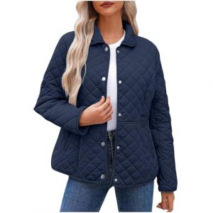 Manteau matelass&eacute; d&eacute;contract&eacute; &agrave; manches longues pour femme, veste matelass&eacute;e boutonn&eacute;e de couleur unie, manteaux tendance, l&eacute;gers et chauds, v&ecirc;tements d'ext&eacute;rieur d'hiver avec poches, 01 Bleu marine, (yihuijialaile, neuf)