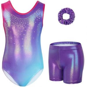 Gogokids Ensemble de Gymnastique Trois Pi&egrave;ces pour Filles, Justaucorps Sans Manches avec Shorts et Bandeau, Tenue de Gymnastique avec Design de Couleur Scintillants D&eacute;grad&eacute;e pour 6 &agrave; 7 Ans (KunTee, neuf)