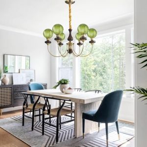 VTAMng Lustre Globe &Icirc;lot de Cuisine Luminaires Suspendus Lustre en Verre Vert Plafonniers Dor&eacute; Art Vintage D&eacute;coration Milieu du si&egrave;cle Bois Suspension &Eacute;clairage pour Chambre Salon(6 Lights) (VTAMng-FR, neuf)