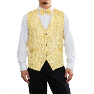 Caziffer Gilet Costume sans Manche Homme &agrave; Sequins Blazer Homme &agrave; Couleur Unie Col en V Gilet Costume Homme Boutonn&eacute; avec N&oelig;ud Papillon (Dor&eacute;, M) (baixia, neuf)