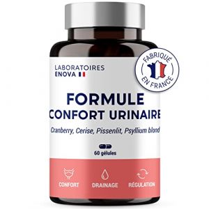 FORMULE CONFORT URINAIRE | Cranberry Psyllium Cerise Pissenlit | Complement alimentaire | Confort, Drainage, Régulation | 60 Gélules | Fabriqué en France (Laboratoires Enova, neuf)