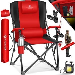 KESSER® Chaise de camping pliable jusqu'à 160 kg, Chaise de pêche pliante rembourrée avec accoudoirs, Lampe de camping et porte-gobelet + sac à dossier haut, Chaise de plage avec support de pêche (WMK Trading GmbH, neuf)