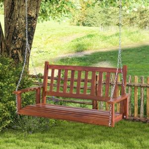 GOPLUS Balançelle Jardin 2/3 Places Extérieur, Chaise Hamac Siège Suspnedue en Bois avec Chaînes de Suspension Ajustables, Dossier à Lattes et Accoudoirs Lisses, Charge 230/360KG(136x67x63CM,Marron) (Augenstern24, neuf)