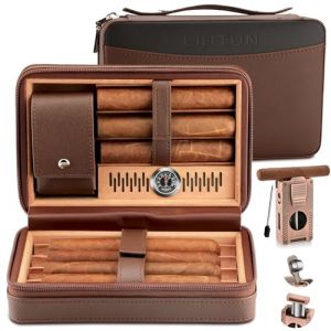 LIHTUN Cave &agrave; cigares de voyage en cuir avec kit allume-cigare multifonction 5 en 1 &ndash; Cave &agrave; cigares de voyage portable avec 2 packs de contr&ocirc;le d'humidit&eacute; bidirectionnels int&eacute;gr&eacute;s (LIHTUN, neuf)