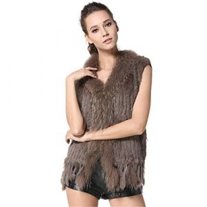 KAISHIN Mode R&eacute;el Tricot&eacute; Gilets De Fourrure De Lapin pour Femmes Casual Col De Fourrure De Raton Laveur Col Manteau Sans Manches (Kaki, FR 40-42 Taille) (KAISHIN, neuf)