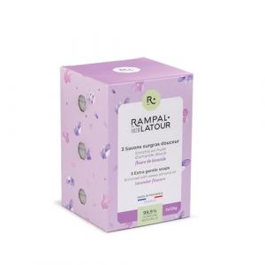 Rampal Latour - 3 Savonnettes rondes surgrasses - Mains et Corps - Parfum Fleurs de Lavande - Soin Nettoyant, Exfoliant et Adoucissant - 99,9% d'origine naturelle - 3x125g (RAMPAL LATOUR, neuf)