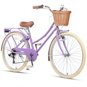 Glerc Missy 26" pouces Fille Cruiser Jeunesse Femme Ado V&eacute;lo de Ville Hybride 6 vitesses pour Adolescentes &acirc;g&eacute;es de 14 15 16 17 18 19 20 ans avec panier en osier et porte-bagages, Violet (BikeJune-EU, neuf)