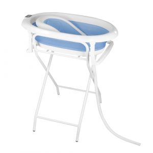 OHMG Baignoire bebe avec Support 85cm，Baignoire Pliable B&eacute;b&eacute; sur Pied，S&eacute;curis&eacute;e et Confortable Bassine Pliable Bebe avec Thermom&egrave;tre et Coussin de bain，Baignoire b&eacute;b&eacute; pliante (jusiZL, neuf)