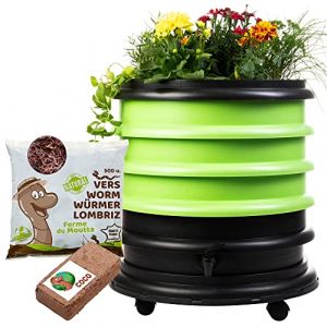 WORMbox | Lombricomposteur 3 Plateaux Vert Anis + Jardinière + 250gr de vers de Compost + 1 Bloc Coco | 48 litres | Compostez Vos déchets organiques, Les vers de Terre/lombrics/lombricompost (Ferme du Moutta, neuf)