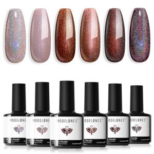 Modelones Vernis Semi Permanent,Vernis Gel UV Semi Permanent Paillettes Argent Marron Noir 6 Couleur Vernis &agrave; Ongles Soak Off Gel Polish French Manucure (MJ BEAUTY, neuf)
